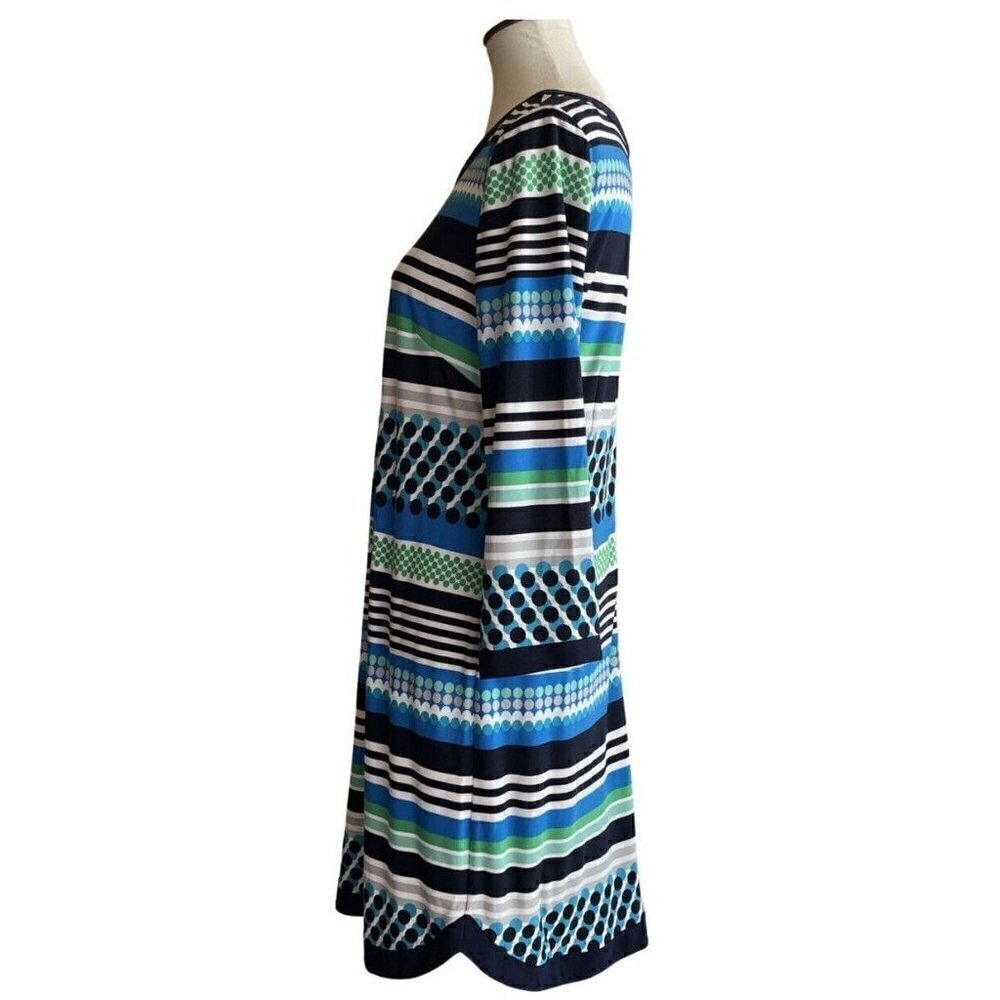 Vince Camuto Womens Blue Jersey Dotted Stripe Crew neck Mini Dress Size 14 - Picture 13 of 16